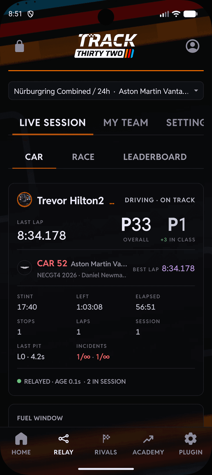 RELAY on a phone: the Car tab for car 52 with its last lap, P33 overall and P1 in class, the stint and its one stop