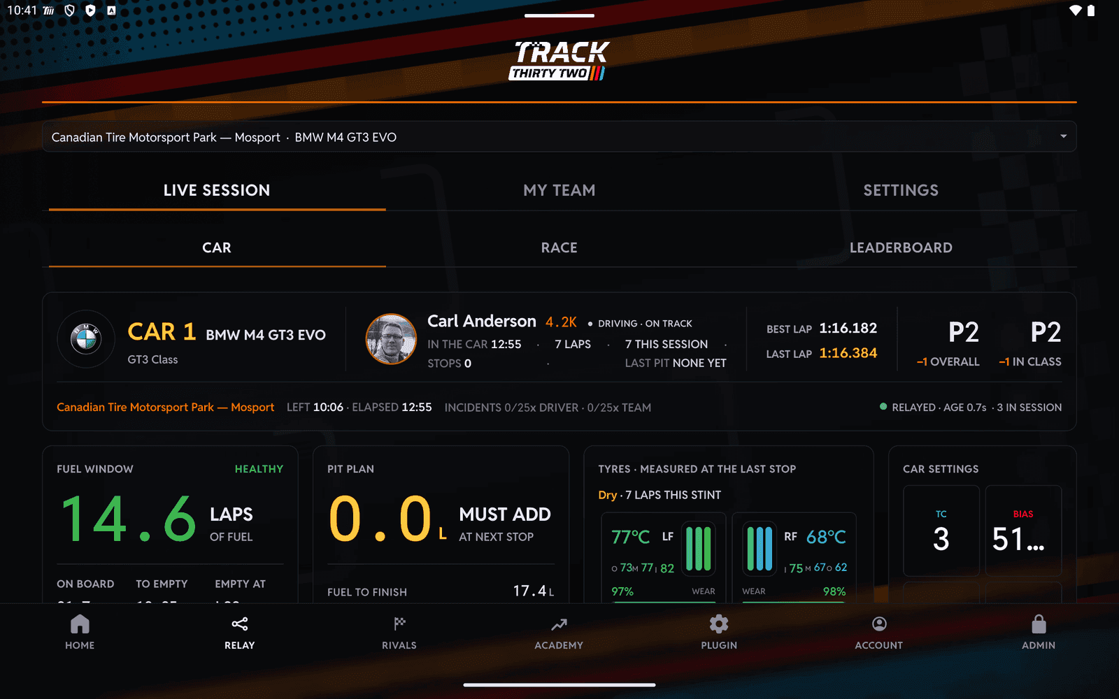 Relay on a tablet: the live board for a BMW M4 GT3 EVO running second, with its driver, best lap, fuel window, pit plan, tyres and car settings