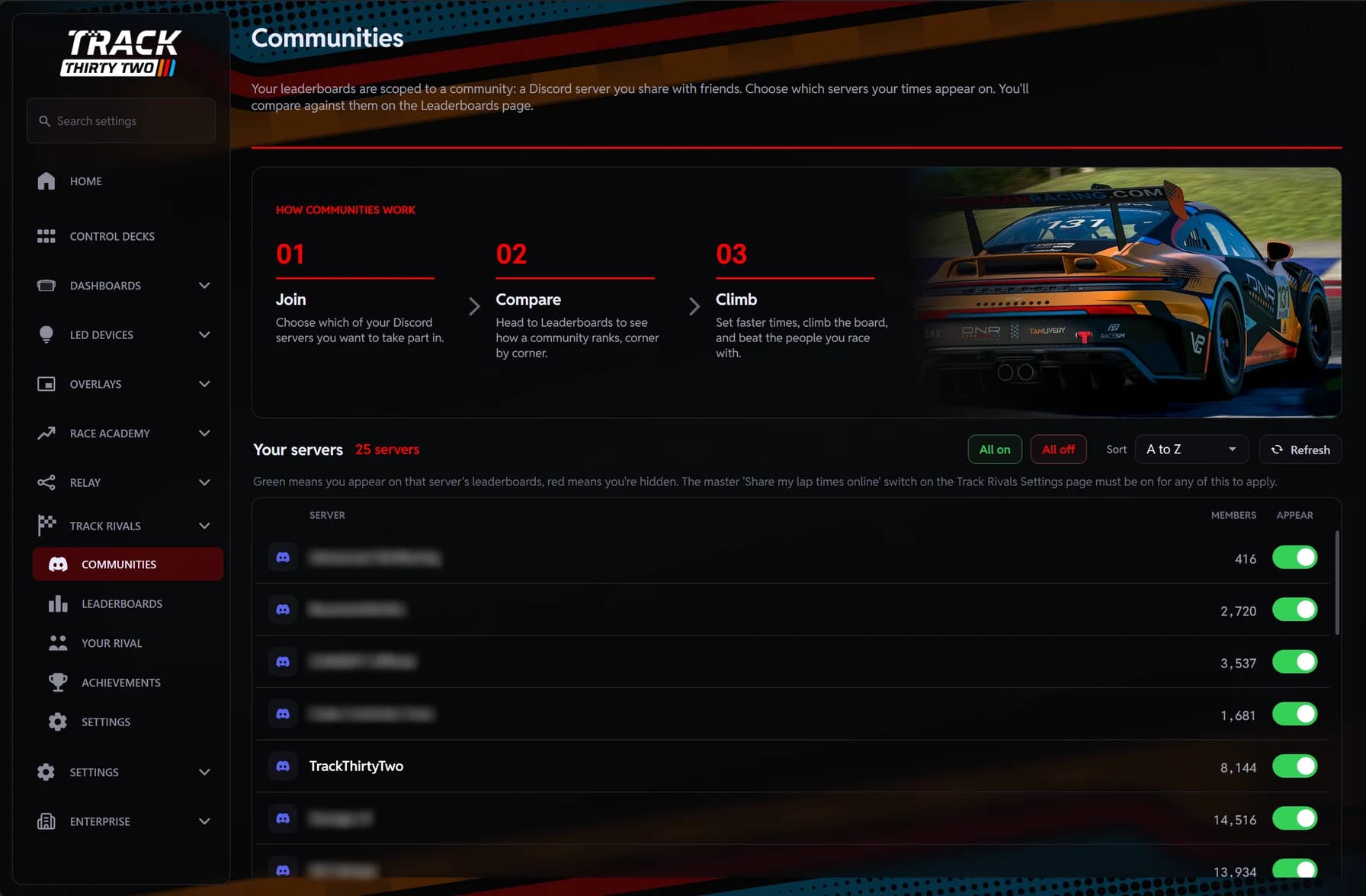 Track Rivals Communities in the plugin: the Discord servers you compete in, each with its member count and an on or off switch
