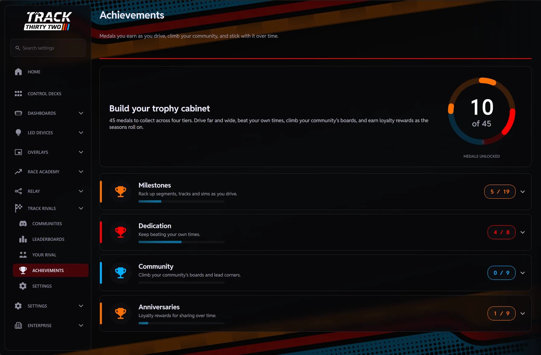 Track Rivals Achievements in the plugin: your trophy cabinet, with medals unlocked across four tiers