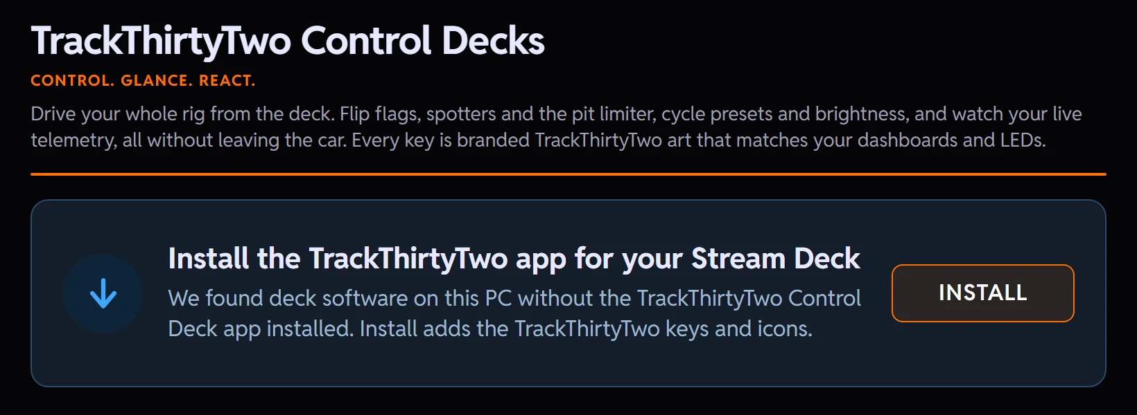 The plugin's TrackThirtyTwo Control Decks page offering to install the TrackThirtyTwo app for your Stream Deck, with an INSTALL button.