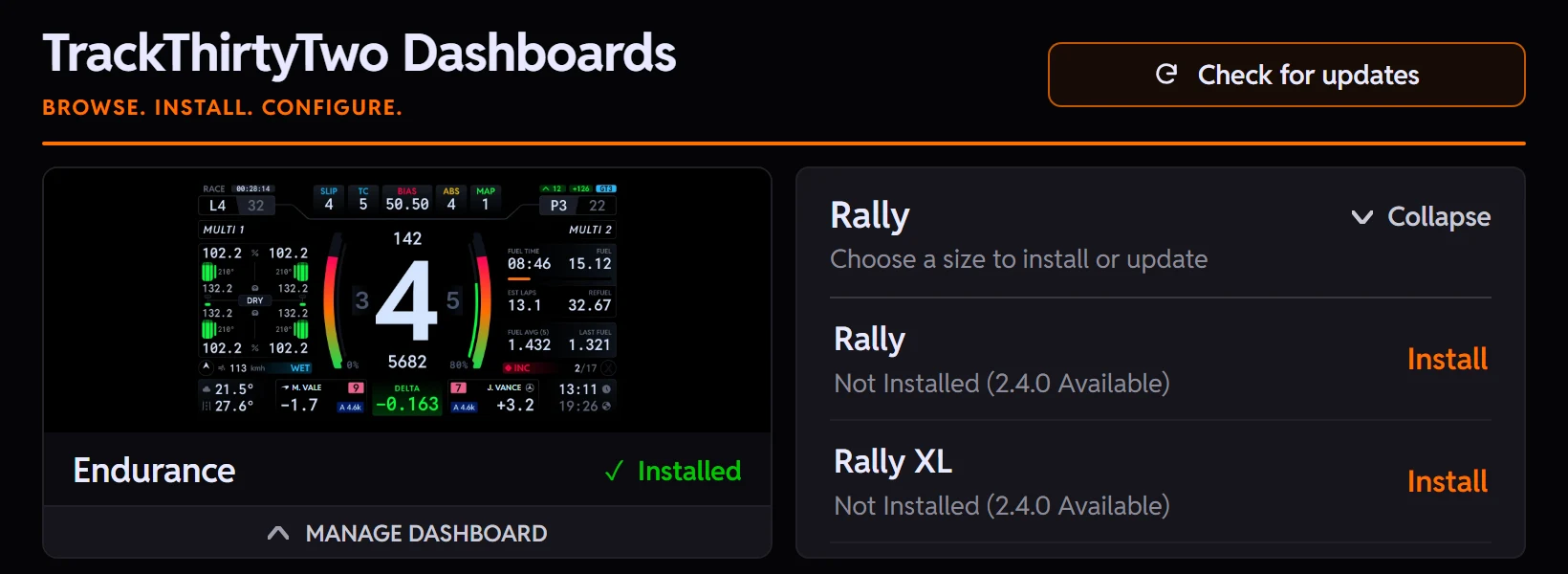 The plugin Dashboards hub: Endurance installed, and Rally open on its sizes, Rally and Rally XL, each ready to install.
