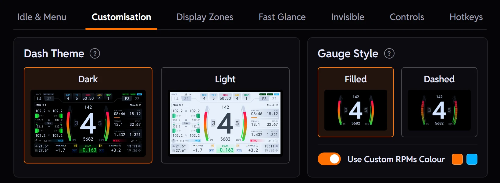 The Endurance dashboard Customisation tab in the plugin: Dash Theme (Dark or Light), Gauge Style (Filled or Dashed) and Use Custom RPMs Colour.