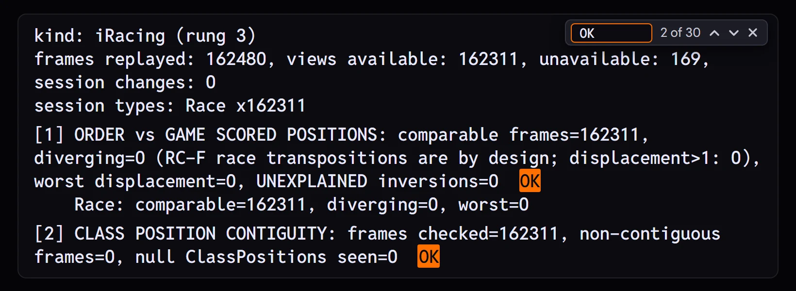 ONE's cross-check report for a recorded iRacing race, replayed frame by frame, with a find bar searching OK so each passed accuracy check against the game's own positions is highlighted.