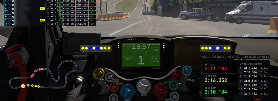 Overlays placed around a real sim screen: leaderboard top left, track map bottom left, brows on the dash, Virtual Box bottom right. Driver names blurred.