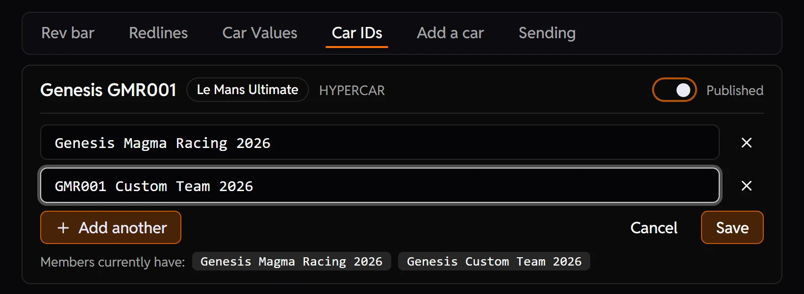 The car data admin's Car IDs tab with Le Mans Ultimate's Genesis GMR001 open for editing, one of its two names retyped to GMR001 Custom Team 2026, and the old name shown under it as what members currently have.