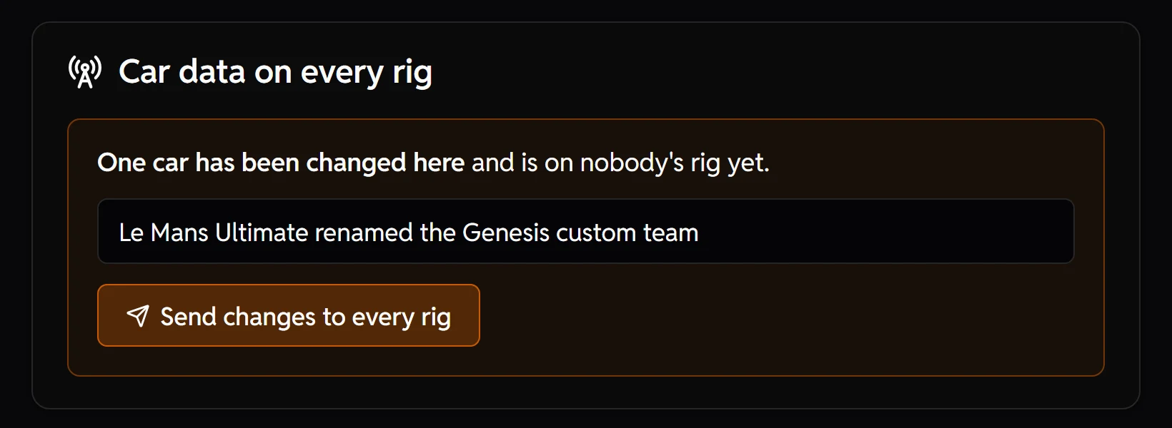 The car data admin's Sending tab with one changed car waiting, a note for the release, and the button Send changes to every rig.