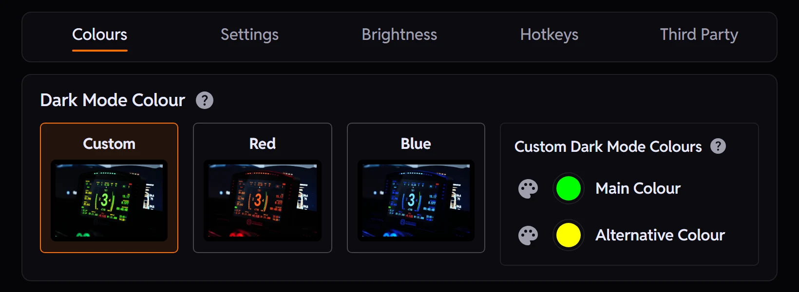 The plugin's Dark Mode page with Custom picked among the Dark Mode colours, the same dash and rev lights shown in each, and the member's own Main Colour (green) and Alternative Colour (yellow), the two the Custom picture is painted in, beside them.