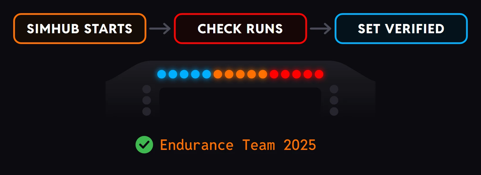 SimHub starts, the check runs and the set is verified, and the wheel lights up fully again for Endurance Team 2025.
