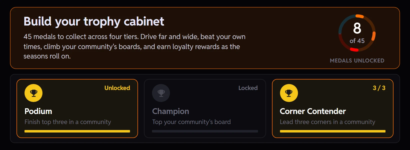The Track Rivals Achievements page: Build your trophy cabinet with 8 of 45 medals unlocked on the four-tier ring, above the community medals with Podium and Corner Contender unlocked in gold and Champion still locked.