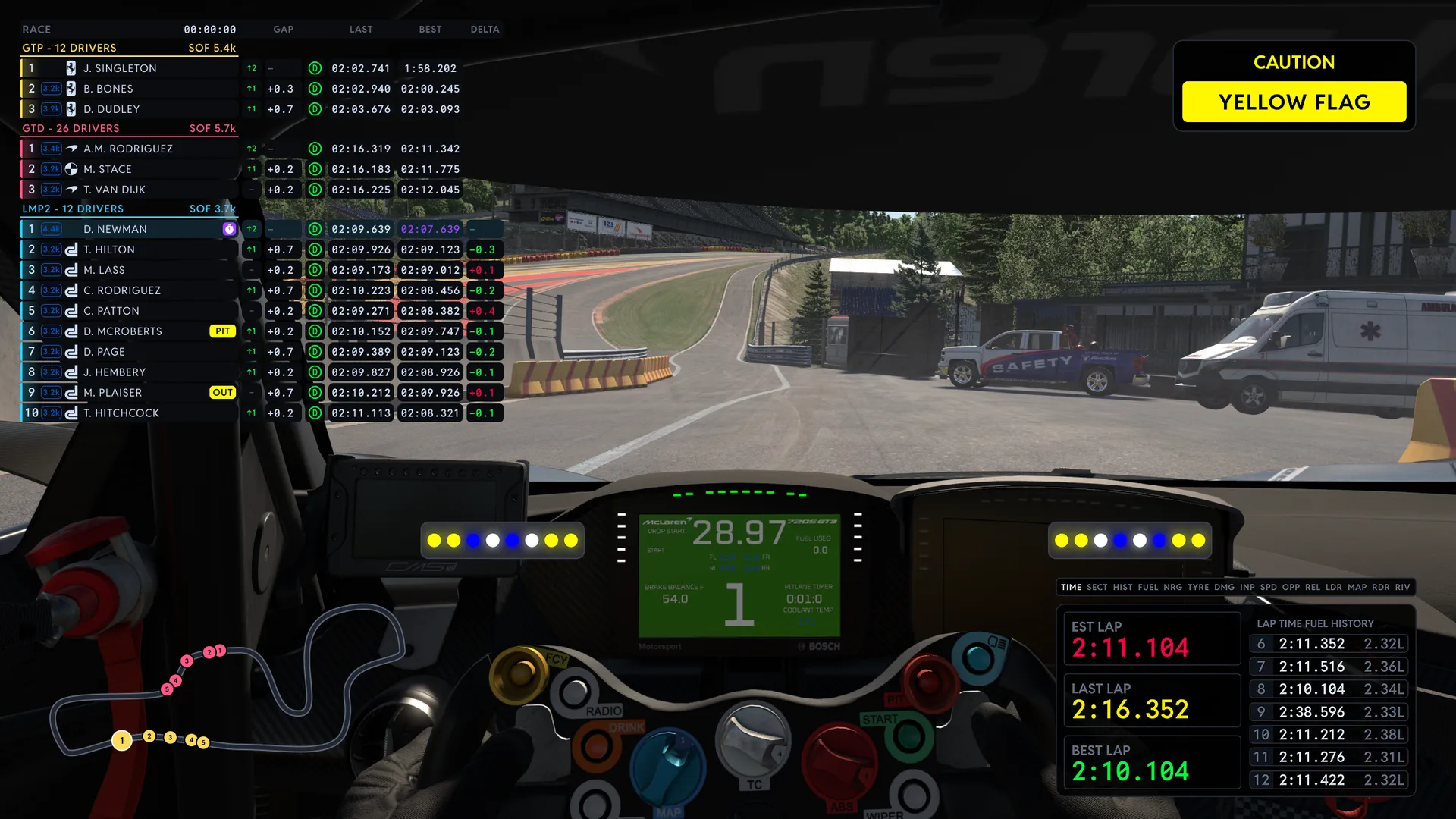 All five TrackThirtyTwo overlays running together in the sim: the Leaderboard, Virtual Flags, Virtual Brows, Track Maps and the Virtual Box