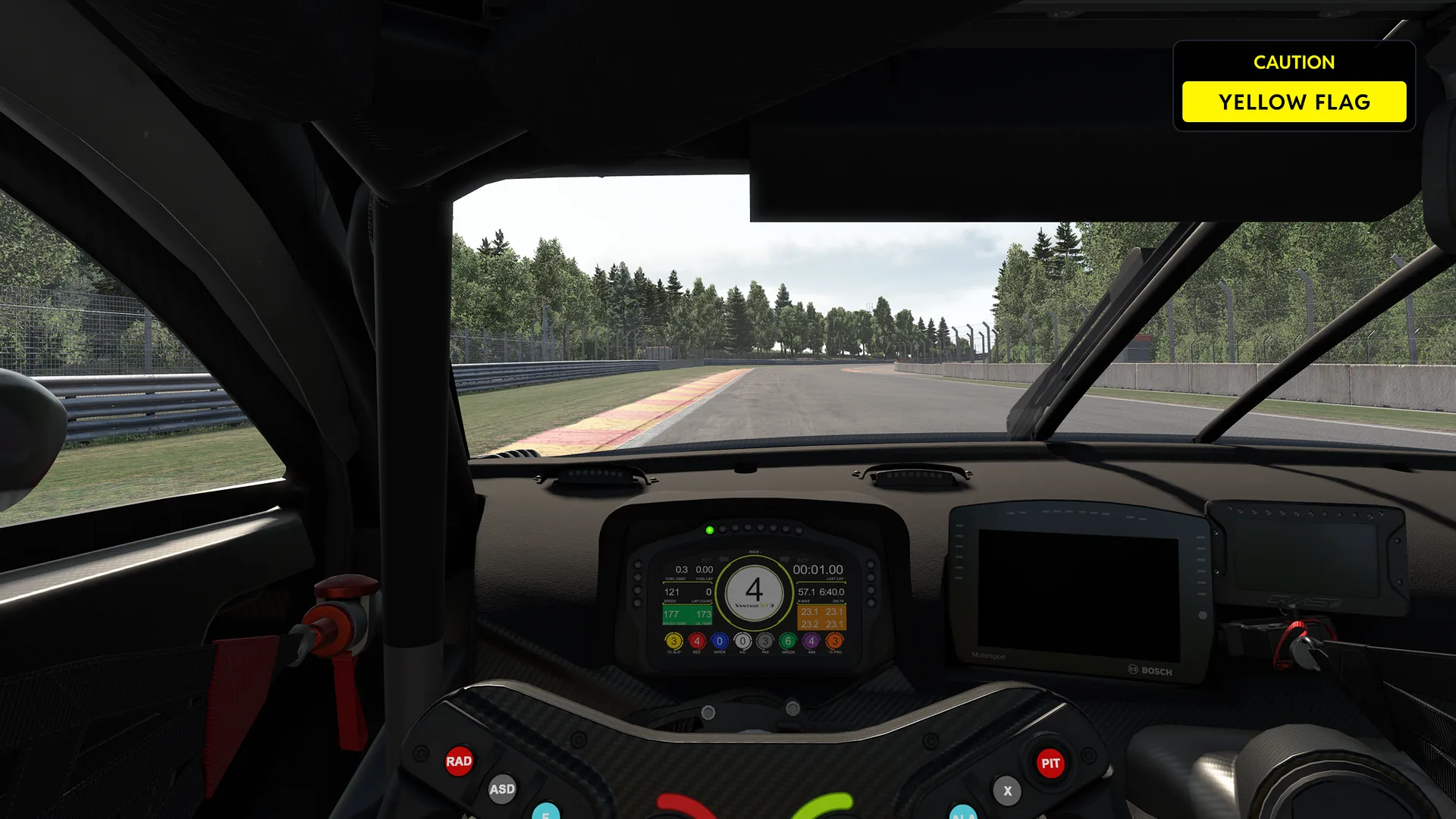The TrackThirtyTwo Virtual Flags overlay showing a yellow flag caution in the sim